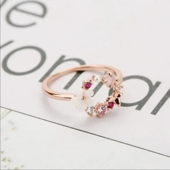 NEW 18K ROSE GOLD FLOWER BUTTERFLY CIRCLE RING - Picture 3 of 3
